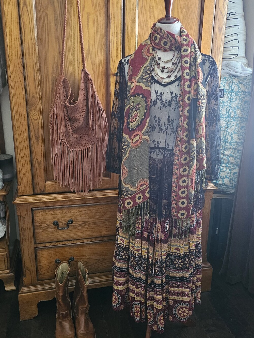 Black Sheer Floral Lace Long Sleeve Pullover Tunic Top Boho Romantic